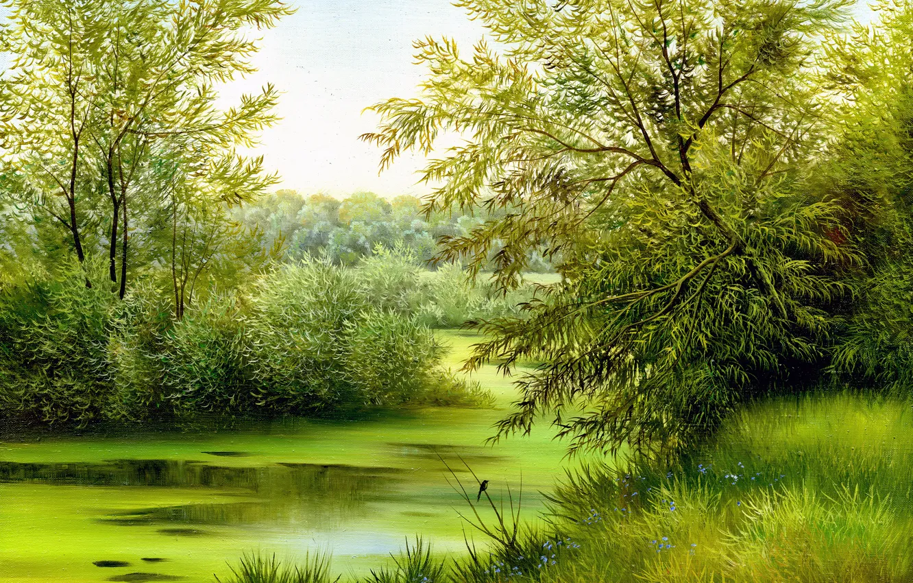Фото обои трава, деревья, пейзаж, природа, птица, цветочки, живопись, холст