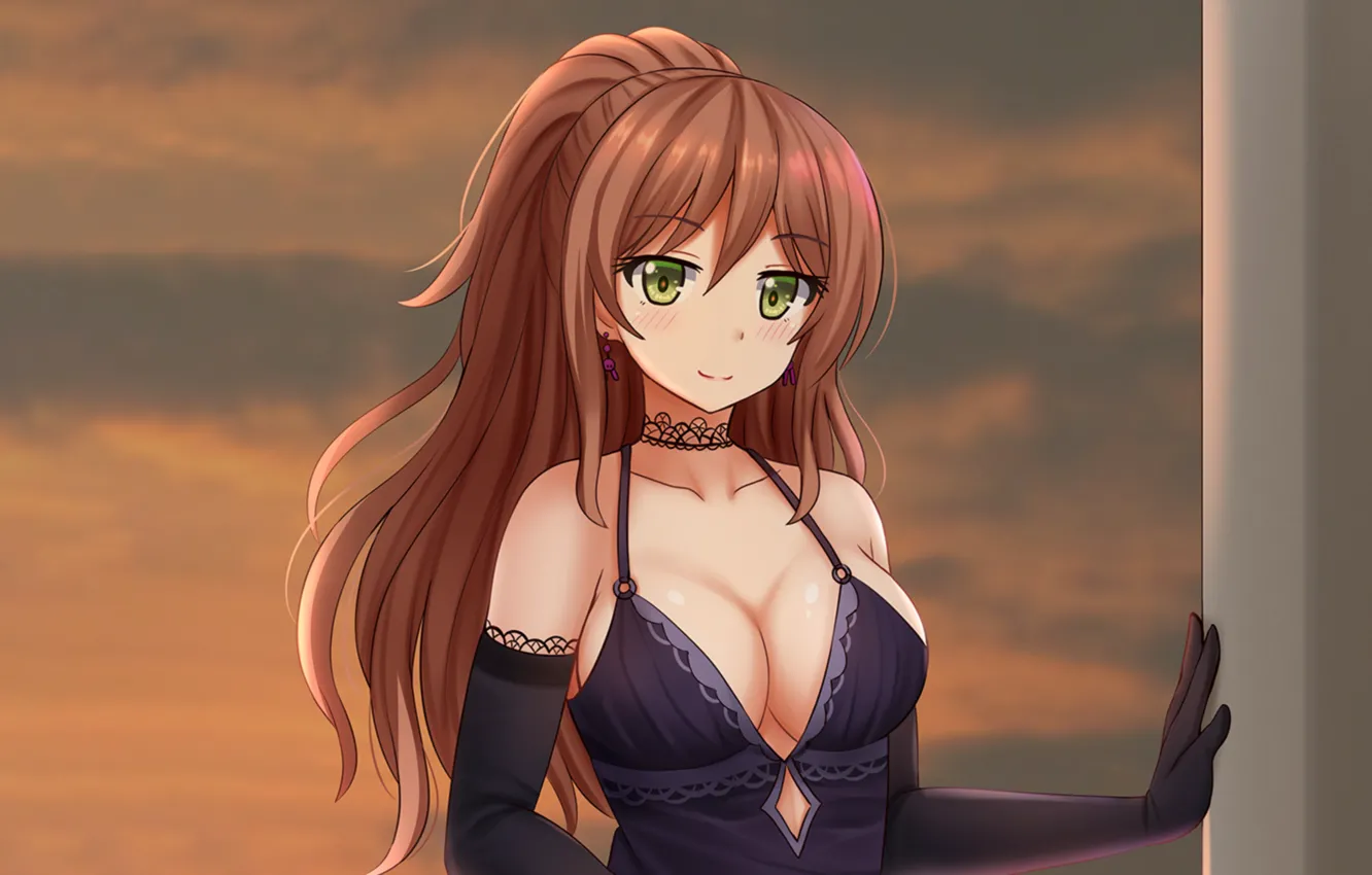 Фото обои girl, sexy, cleavage, green eyes, long hair, dress, brown hair, boobs