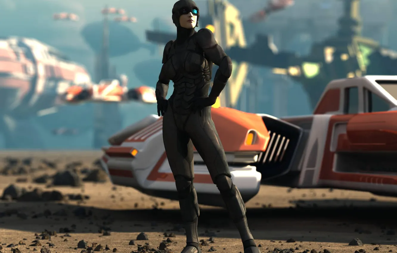 Фото обои девушка, город, будущее, корабль, арт