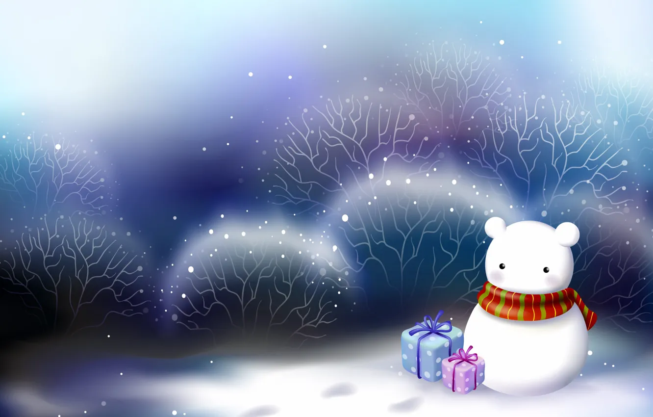 Фото обои белый, снег, новый год, рождество, арт, подарки, снеговик, christmas