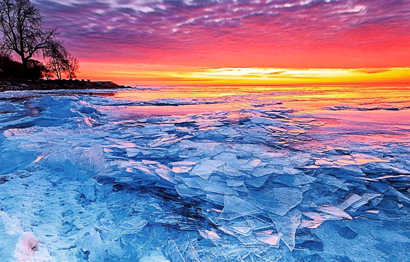 Фото обои лед, озеро, зарево, Северная Америка, Эри
