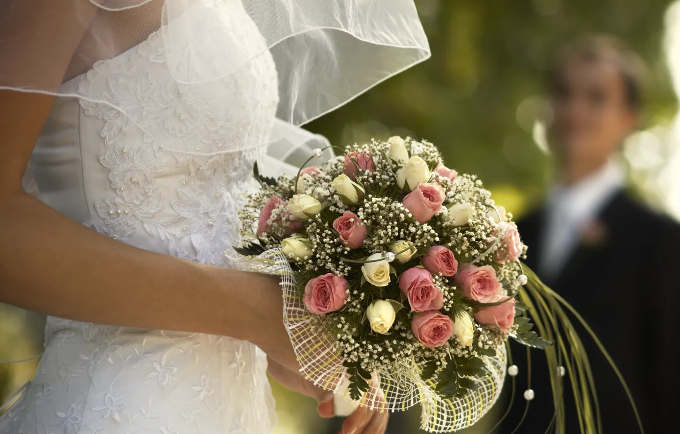Фото обои цветы, букет, невеста, свадьба, декор