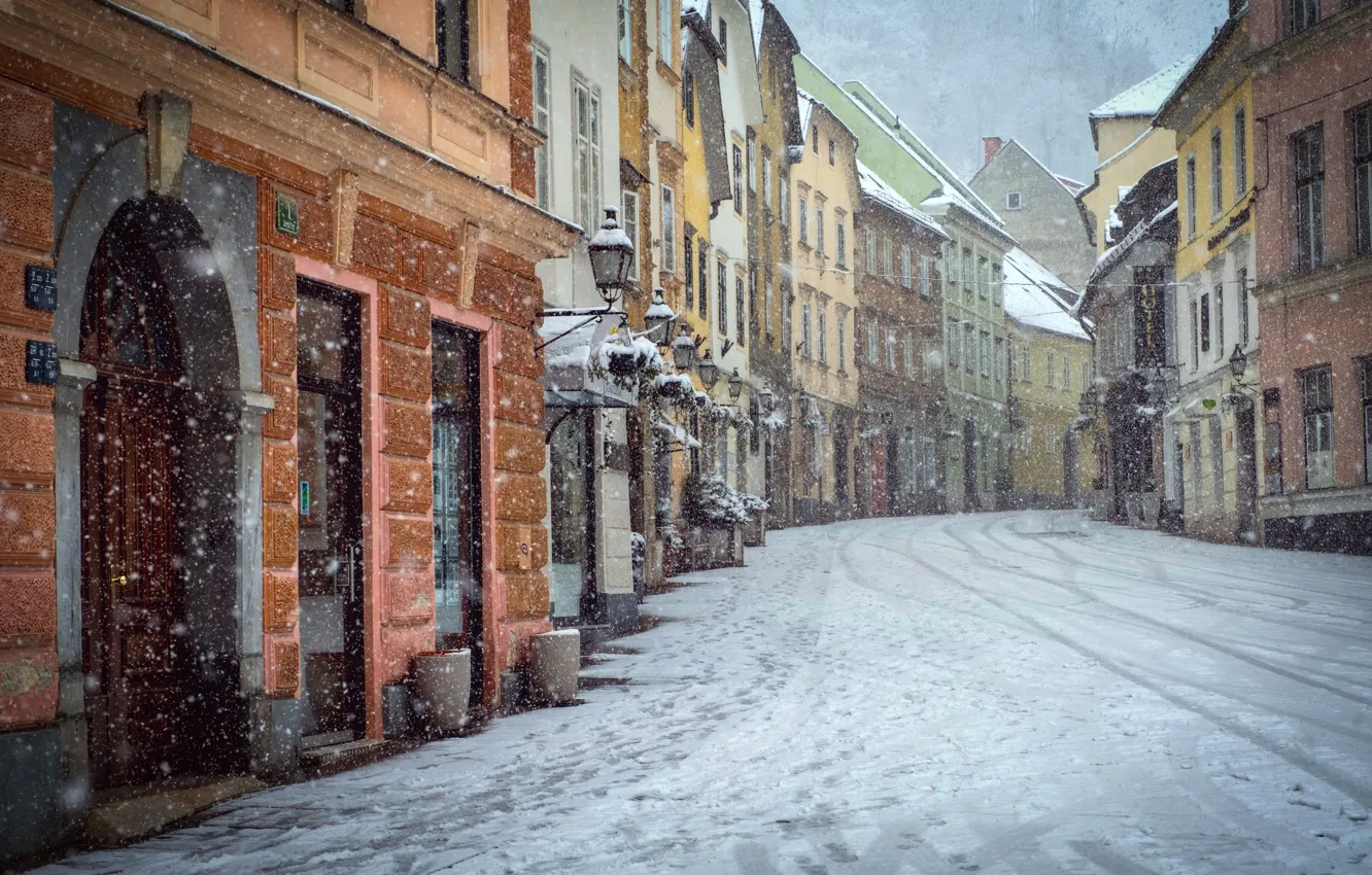 Фото обои снег, city, город, улица, здание, снегопад, Street, snow