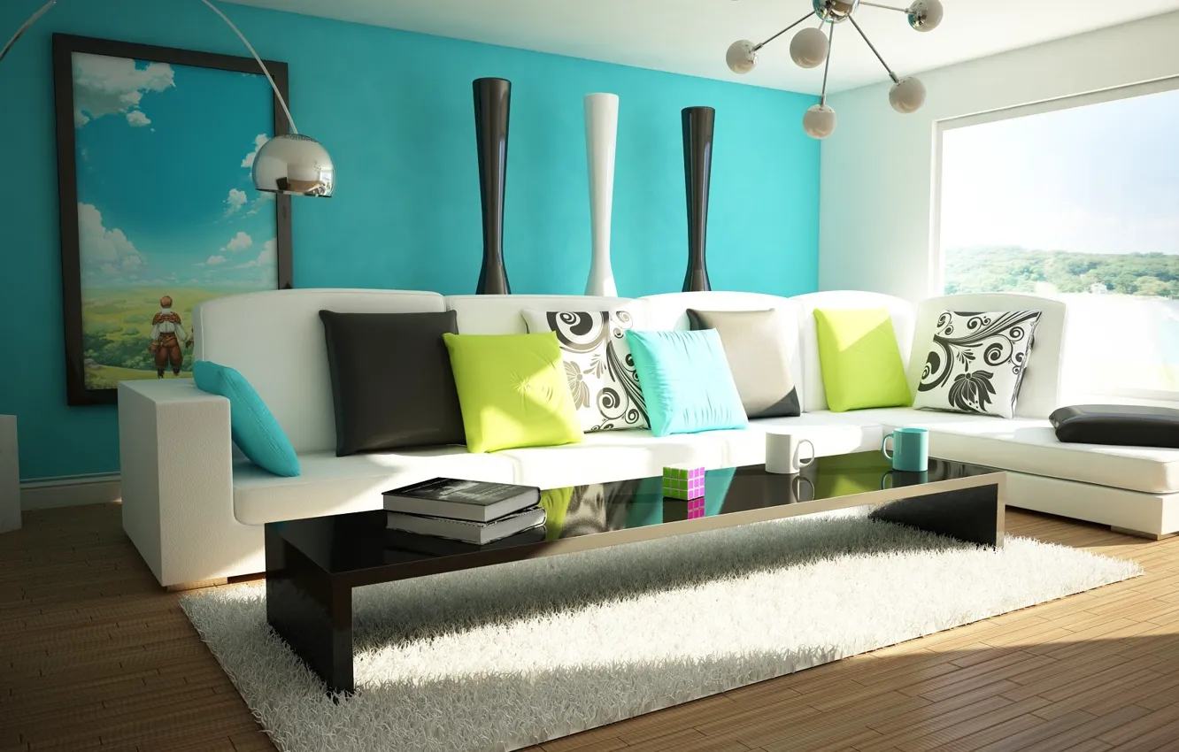 Фото обои зеленый, стол, лампы, комната, диван, голубой, яркие, цветные