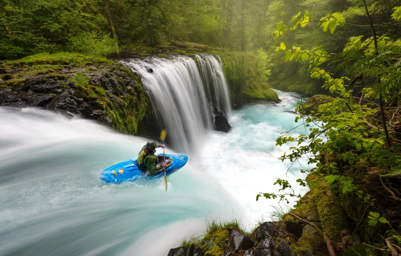 Фото обои река, спорт, лодка, водопад