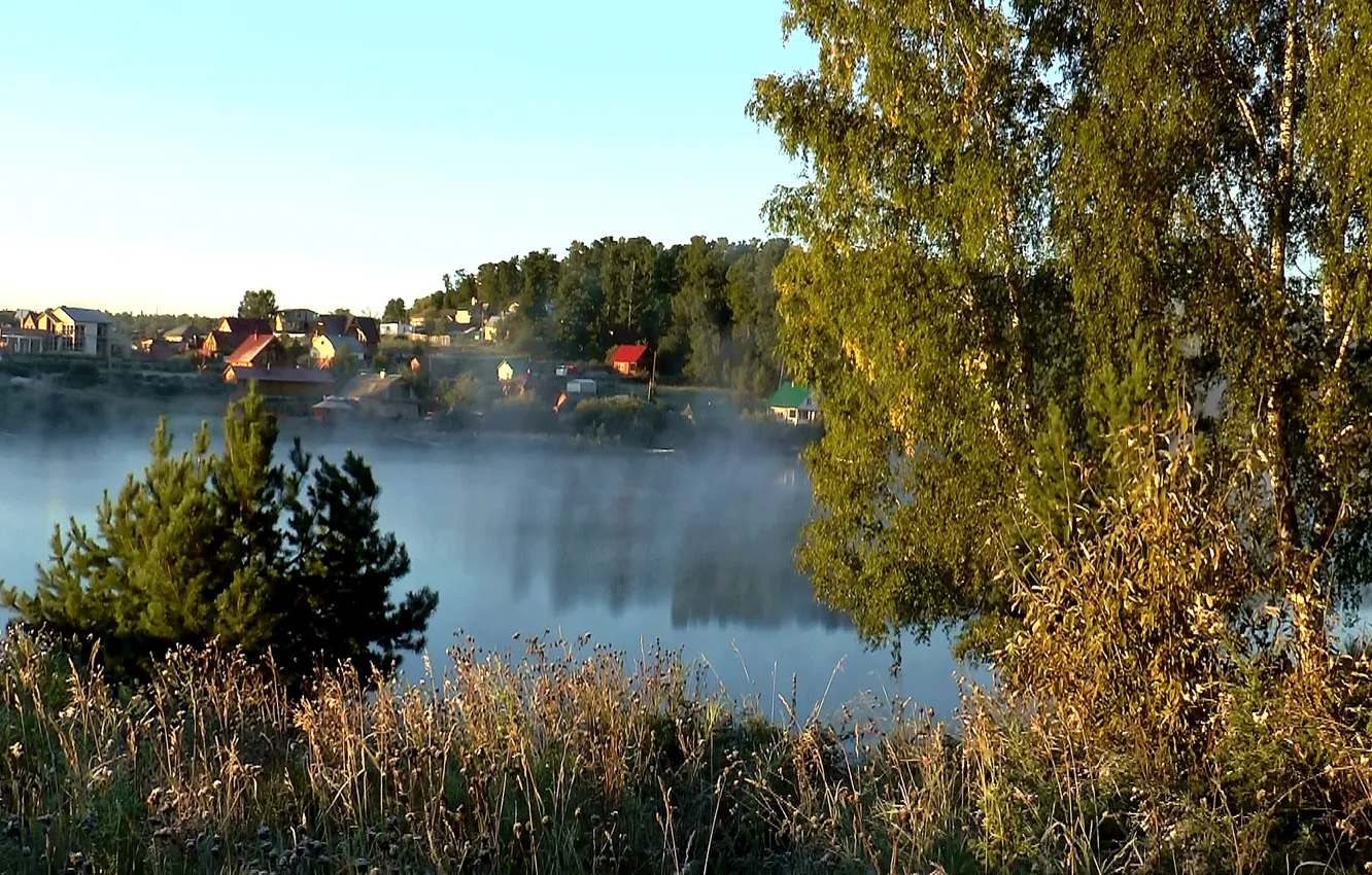 Фото обои туман, утро, Озеро, деревня, тайга, Сибирь