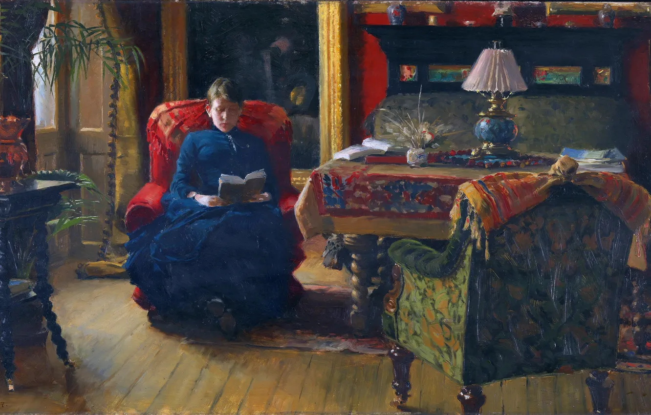 Фото обои Кресло, Картина, Женщина, Читает, В гостиной, Поль Густав Фишер, Paul Gustav Fischer, Датский живописец