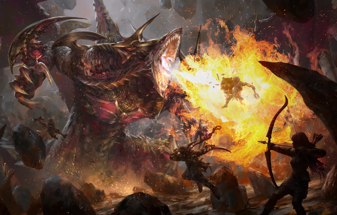 Фото обои огонь, лучница, искры, чудовище, red dragon, Yu Chao Cheng