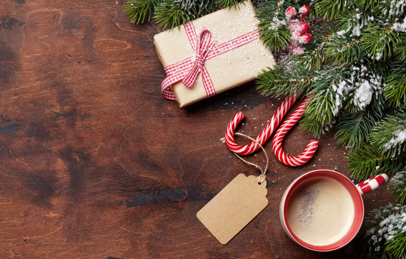 Фото обои снег, украшения, елка, Рождество, чашка, подарки, Новый год, Christmas