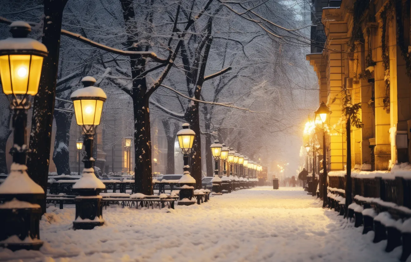 Фото обои зима, снег, ночь, парк, улица, фонари, аллея, night