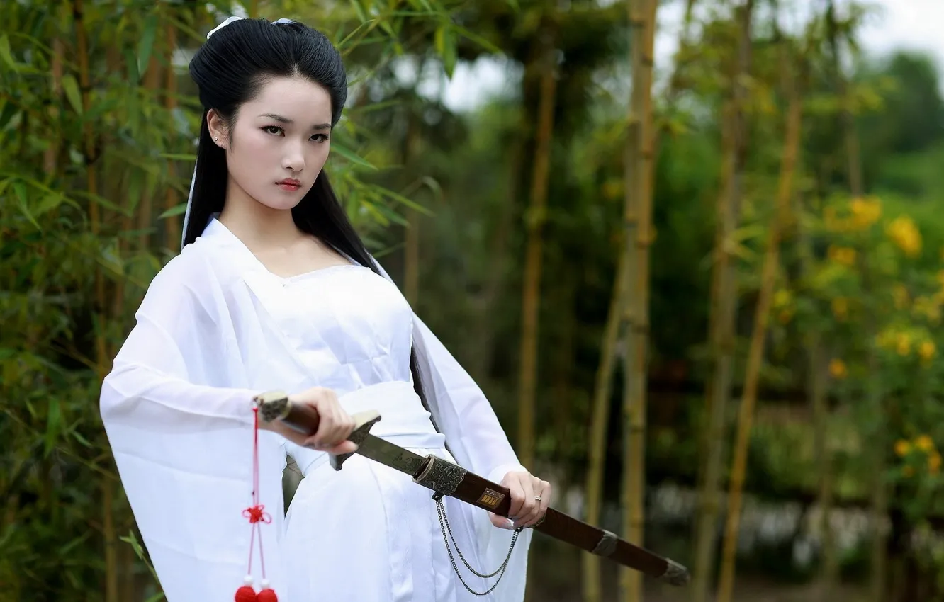 Фото обои Asian, long hair, trees, weapon, women, Chinese, black hair, white dress