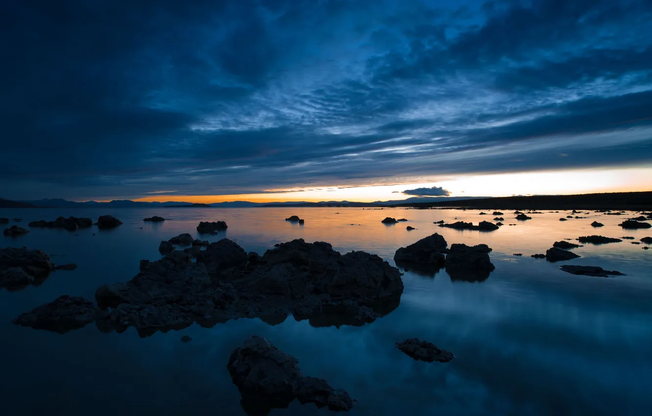 Фото обои закат, природа, озеро, камни, вечер