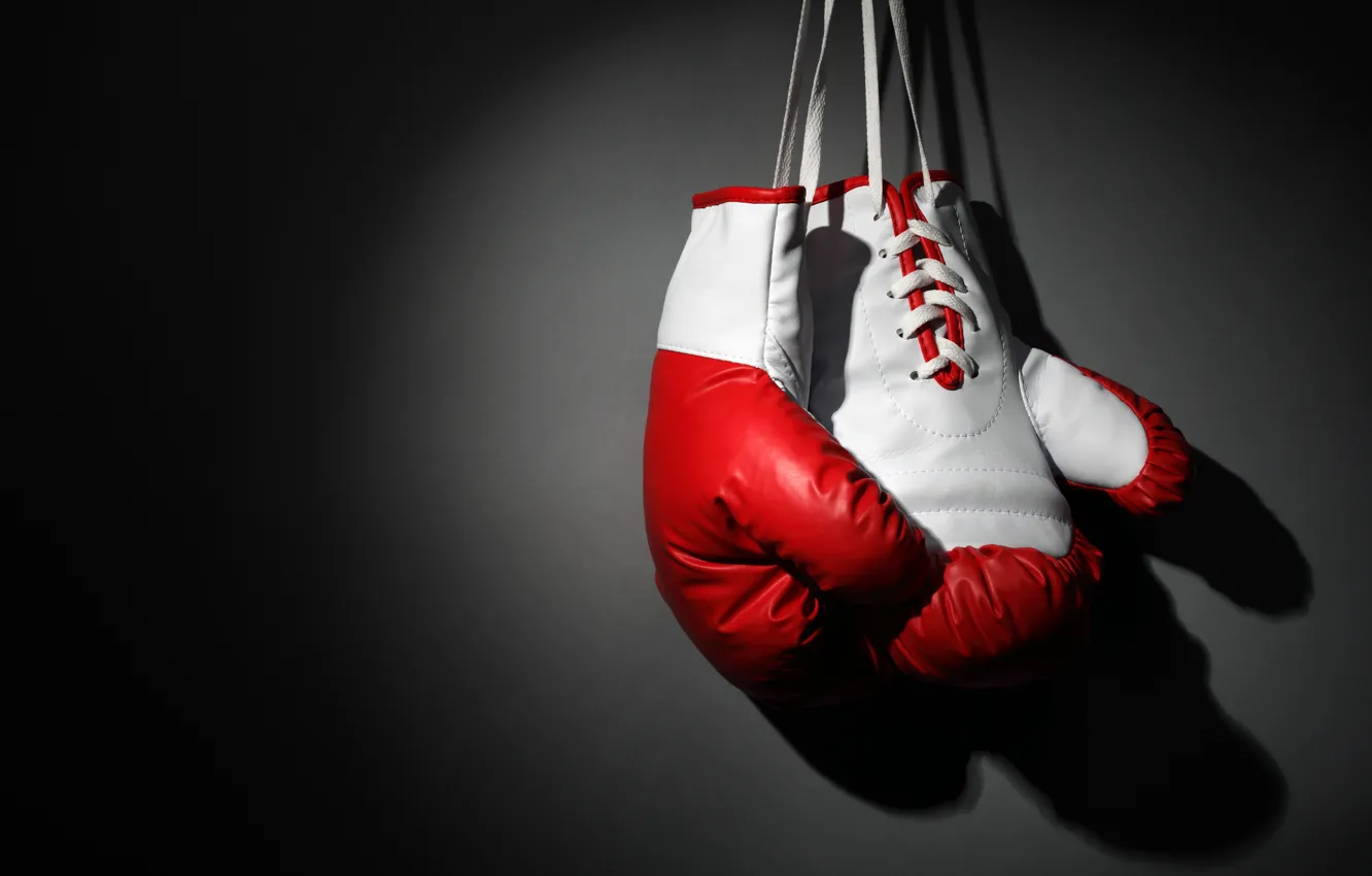 Фото обои бокс, boxing, боевое искусство, боксерские перчатки, висят, wallpaper., gray background, beautiful background