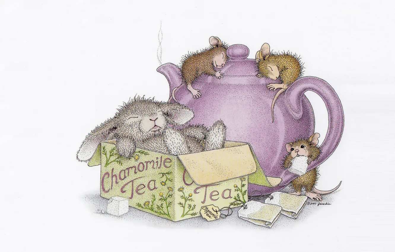 Фото обои коробка, мышка, арт, зайчик, друзья, детская, Ellen Jareckie, чайник. чай. гости