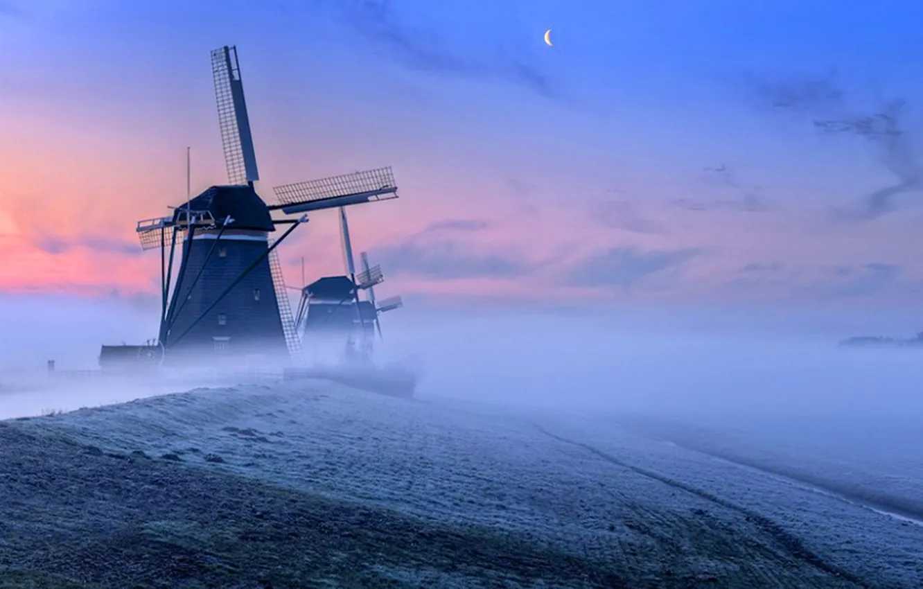 Фото обои kinderdijk, windmills, the netherlands, Holland mists
