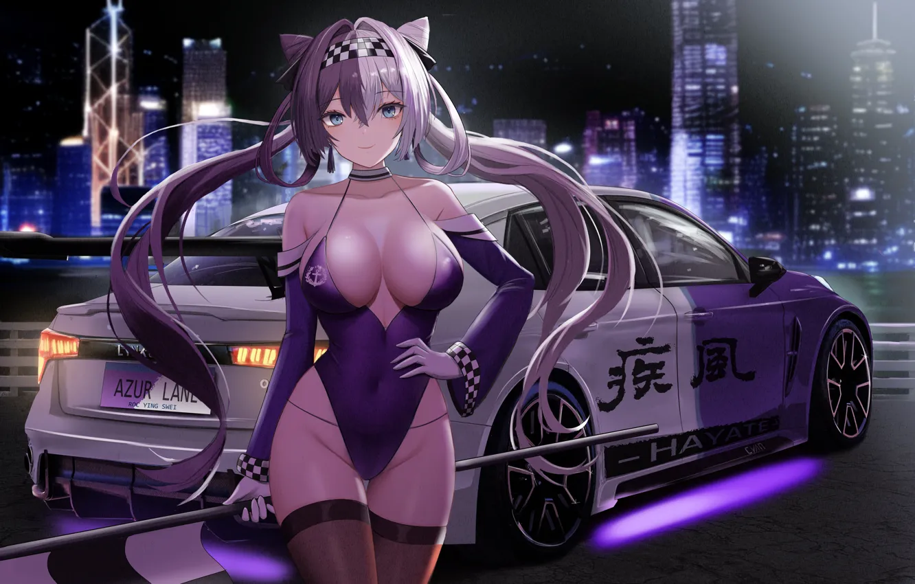 Фото обои car, anime, stockings, blue eyes, twintails, big boobs, anime girls, Japanese