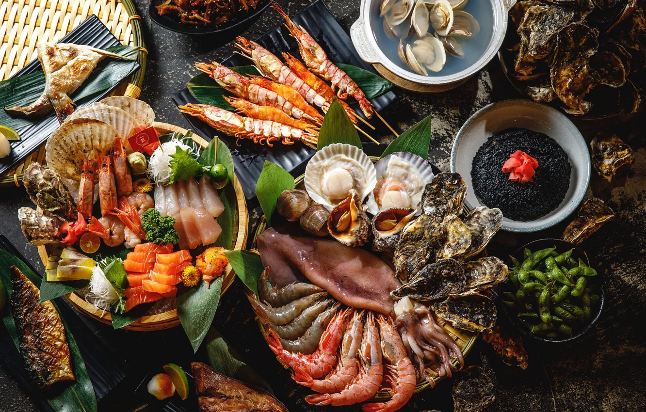 Фото обои рыба, креветки, морепродукты, ассорти, моллюски, устрицы