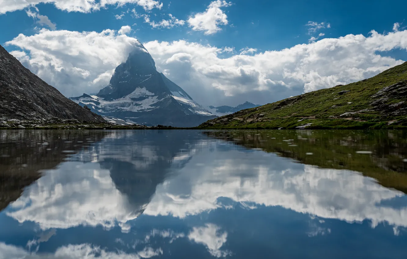 Фото обои горы, озеро, отражение, Швейцария, Zermatt, Riffelsee