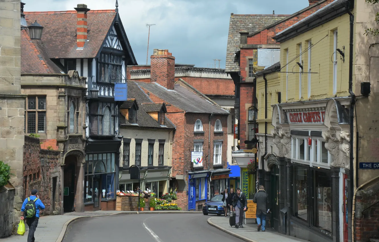Фото обои Дома, Город, Улица, Здания, Street, England, Town, Shrewsbury