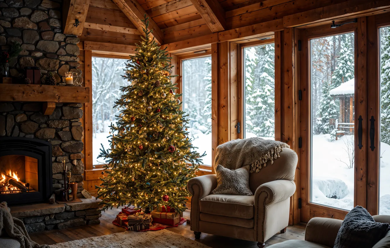 Фото обои украшения, комната, елка, интерьер, Рождество, подарки, Новый год, Christmas