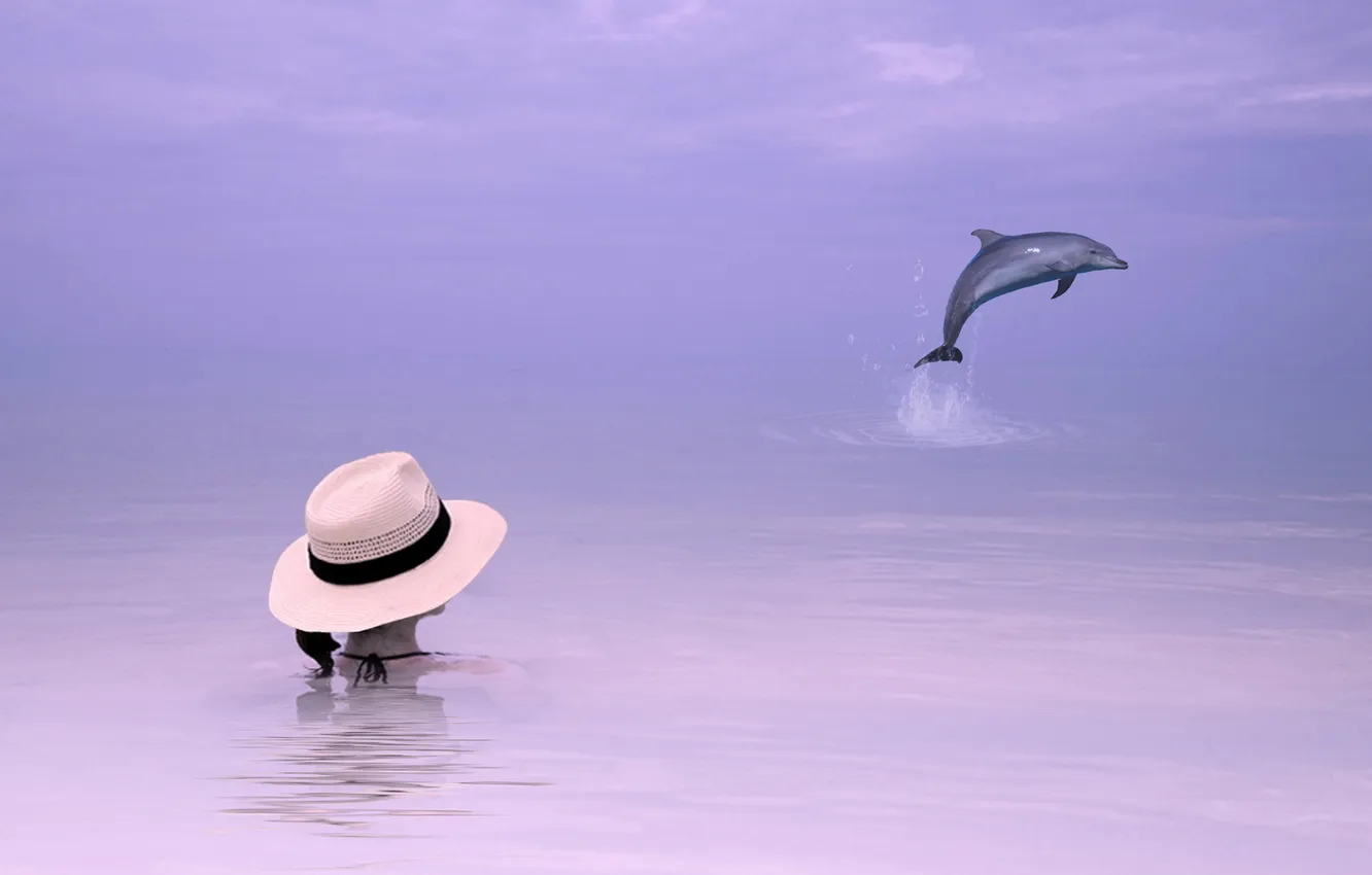 Фото обои море, девушка, дельфин, стиль, фон