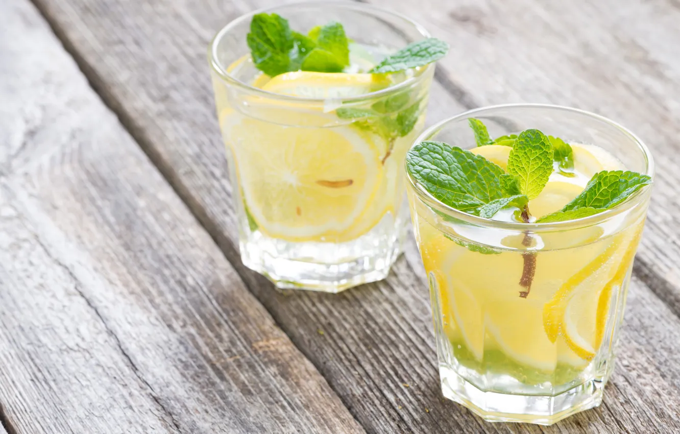 Фото обои лимон, стаканы, напиток, мята, лимонад