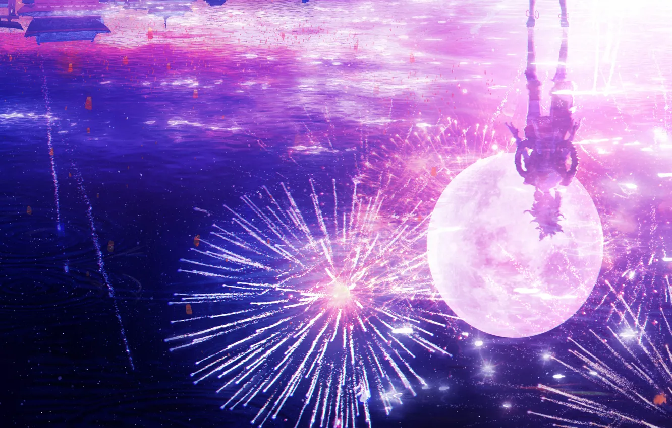 Фото обои небо, вода, девушка, ночь, отражение, луна, фейерверк, Genshin Impact