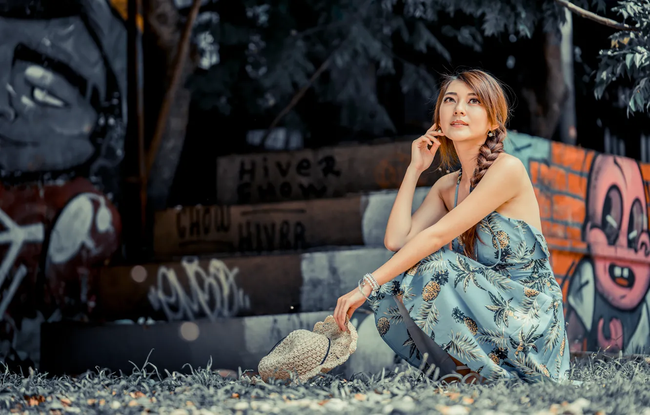 Фото обои девушка, шляпа, платье, коса, азиатка, милашка