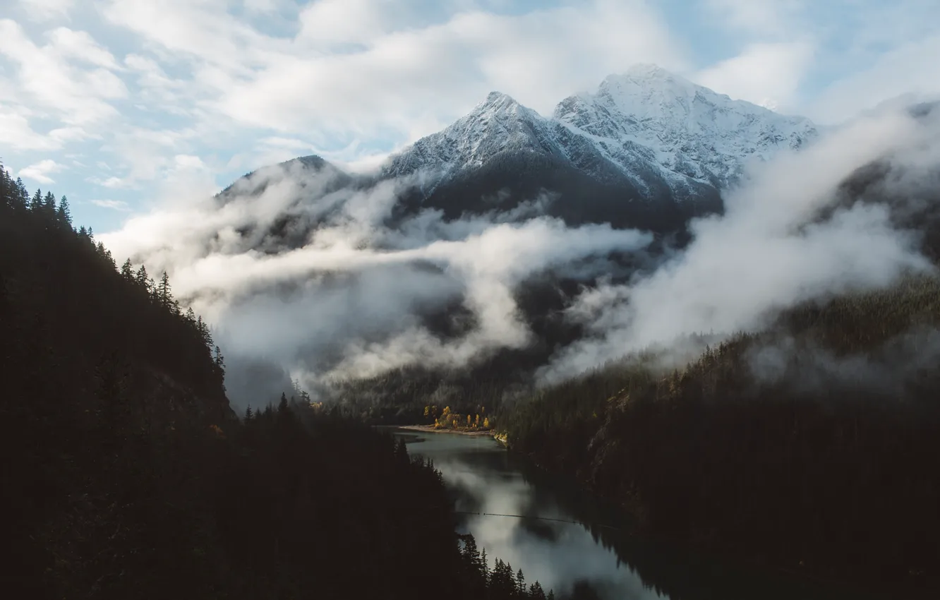 Фото обои облака, горы, туман, река, леса
