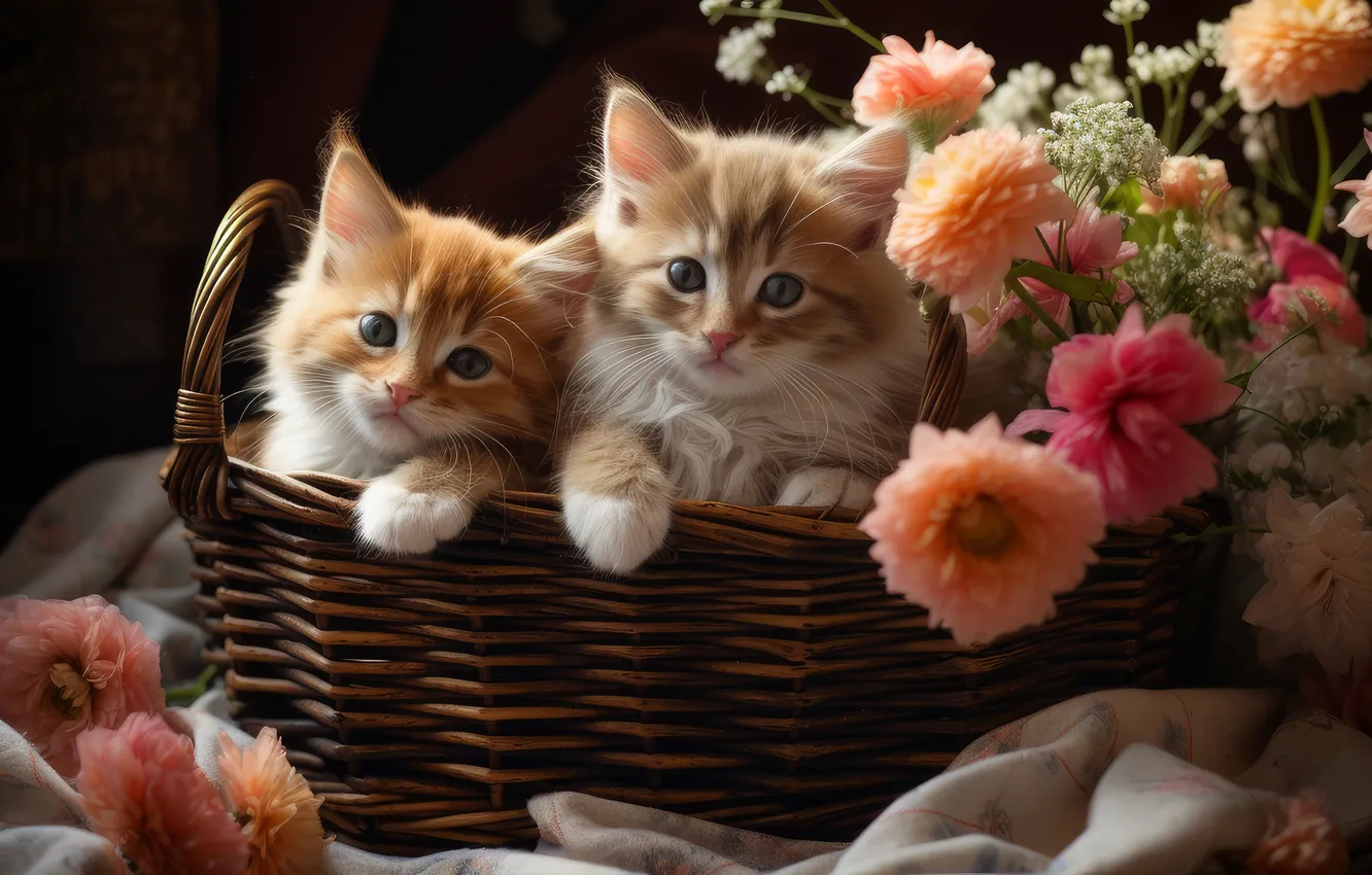 Фото обои взгляд, кошки, цветы, поза, темный фон, котенок, лапки, букет