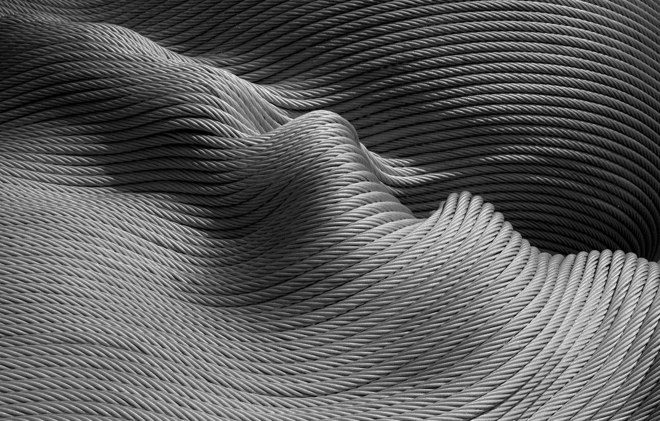 Фото обои волны, абстракция, текстура, чёрно-белая, канаты, монохром, верёвки