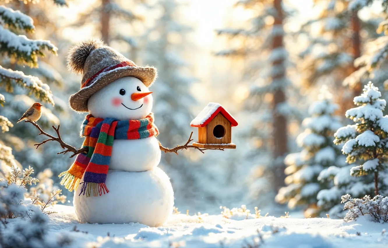 Фото обои зима, снег, украшения, Рождество, Новый год, снеговик, happy, Christmas