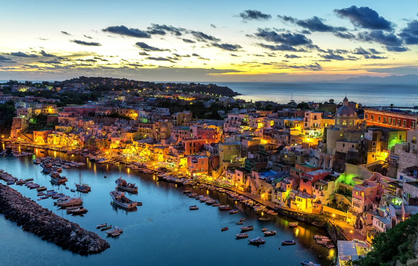 Фото обои море, закат, здания, порт, Италия, панорама, набережная, Italy