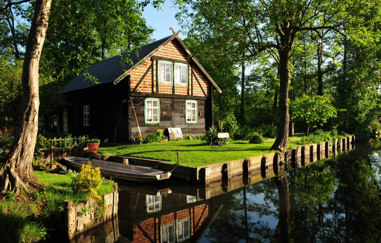 Фото обои дом, лодка, сад, канал