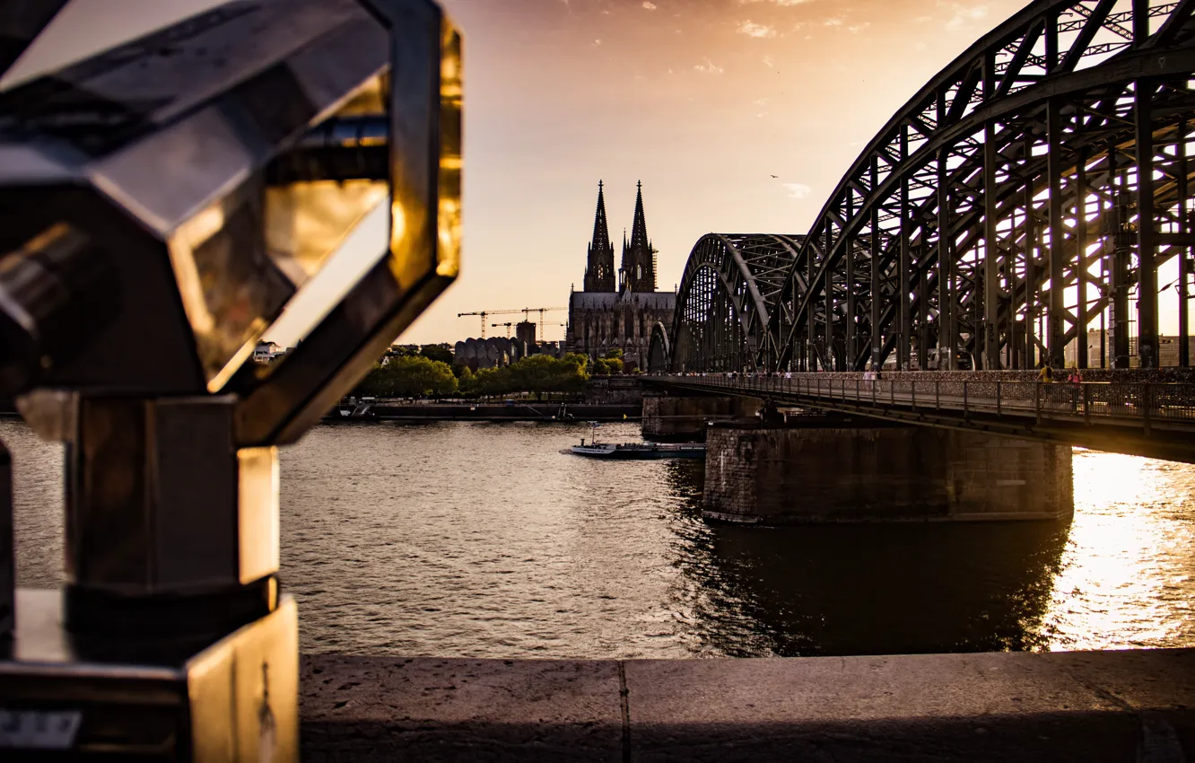 Фото обои city, cathedral, bridge, water, view, Kölner Dom, sunlight, Köln