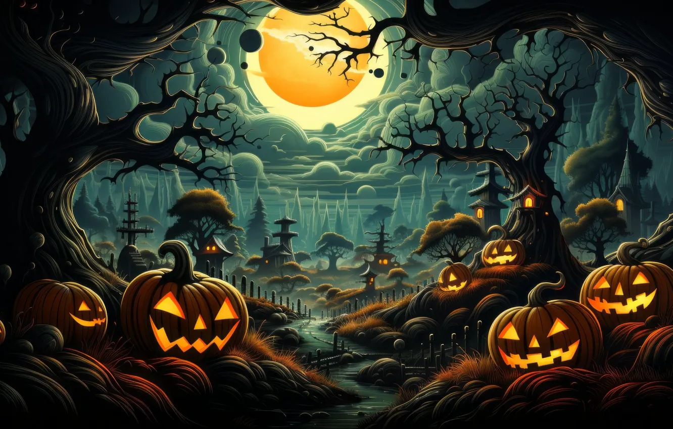 Фото обои Ночь, Луна, Тыквы, Halloween, Праздник, digital art, цифровое искусство, ИИ арт