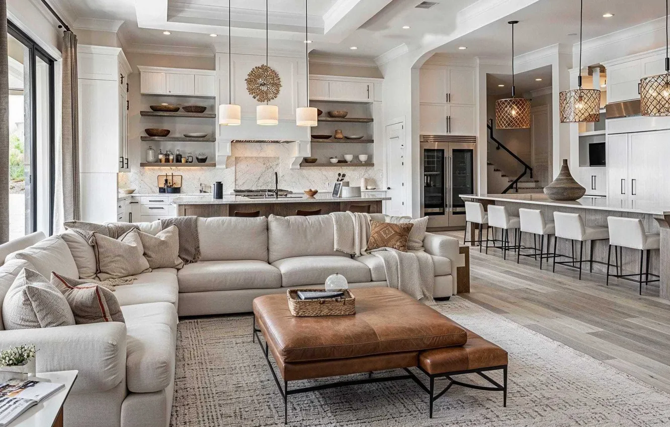 Фото обои дизайн, стиль, интерьер, кухня, гостиная, столовая, Современный фермерский дом, by Decorilla designer