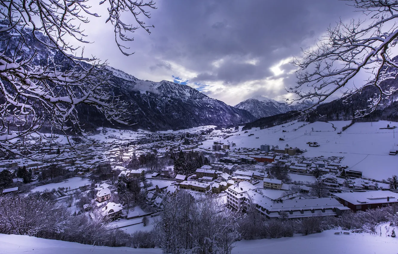 Фото обои зима, снег, горы, вид, дома, Швейцария, панорама, Glarus