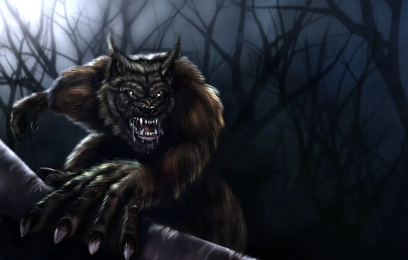 Фото обои деревья, ночь, волк, оборотень, Werewolf, волкодав