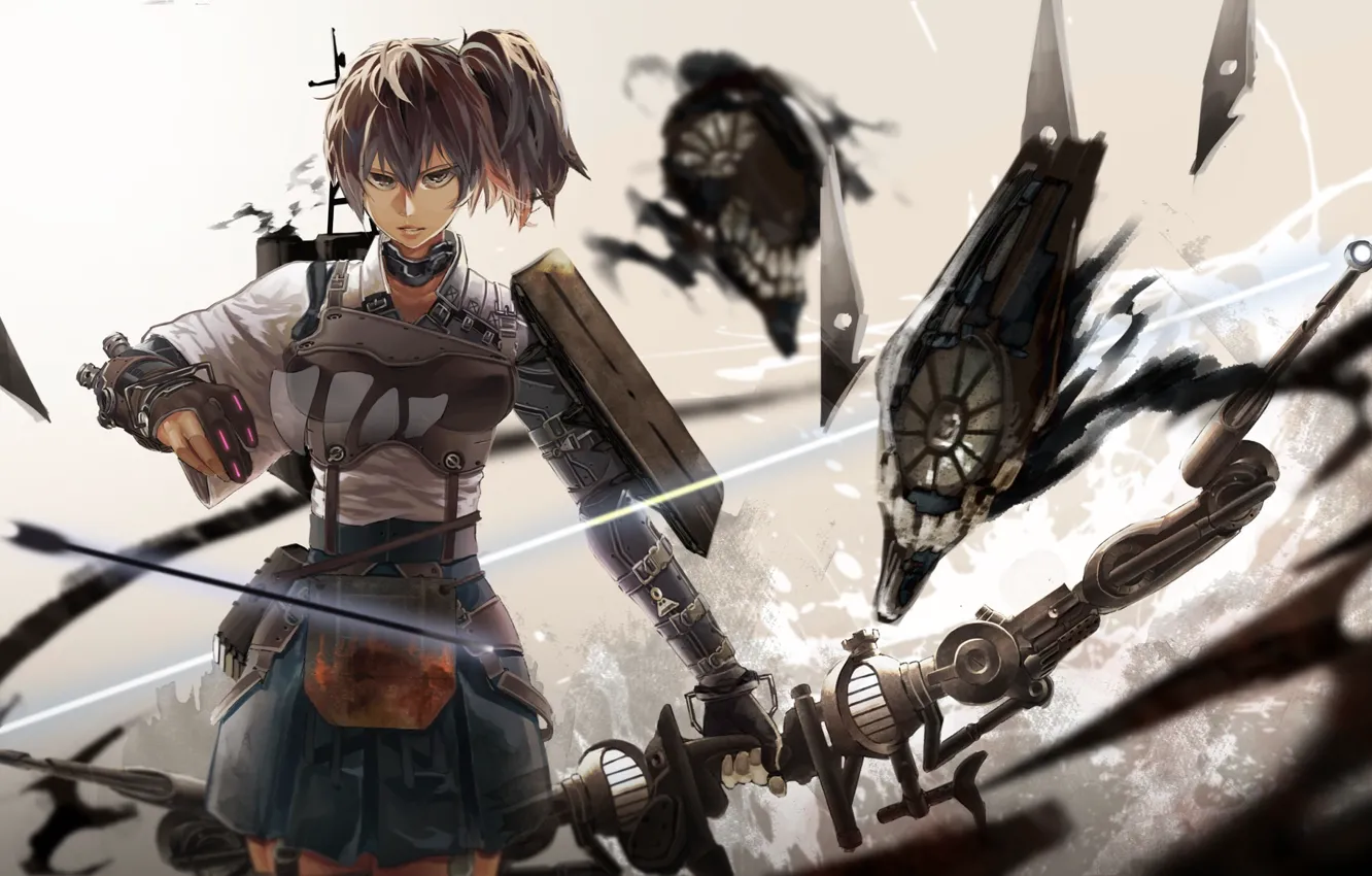 Фото обои девушка, оружие, аниме, лук, арт, стрела, броня, kantai collection