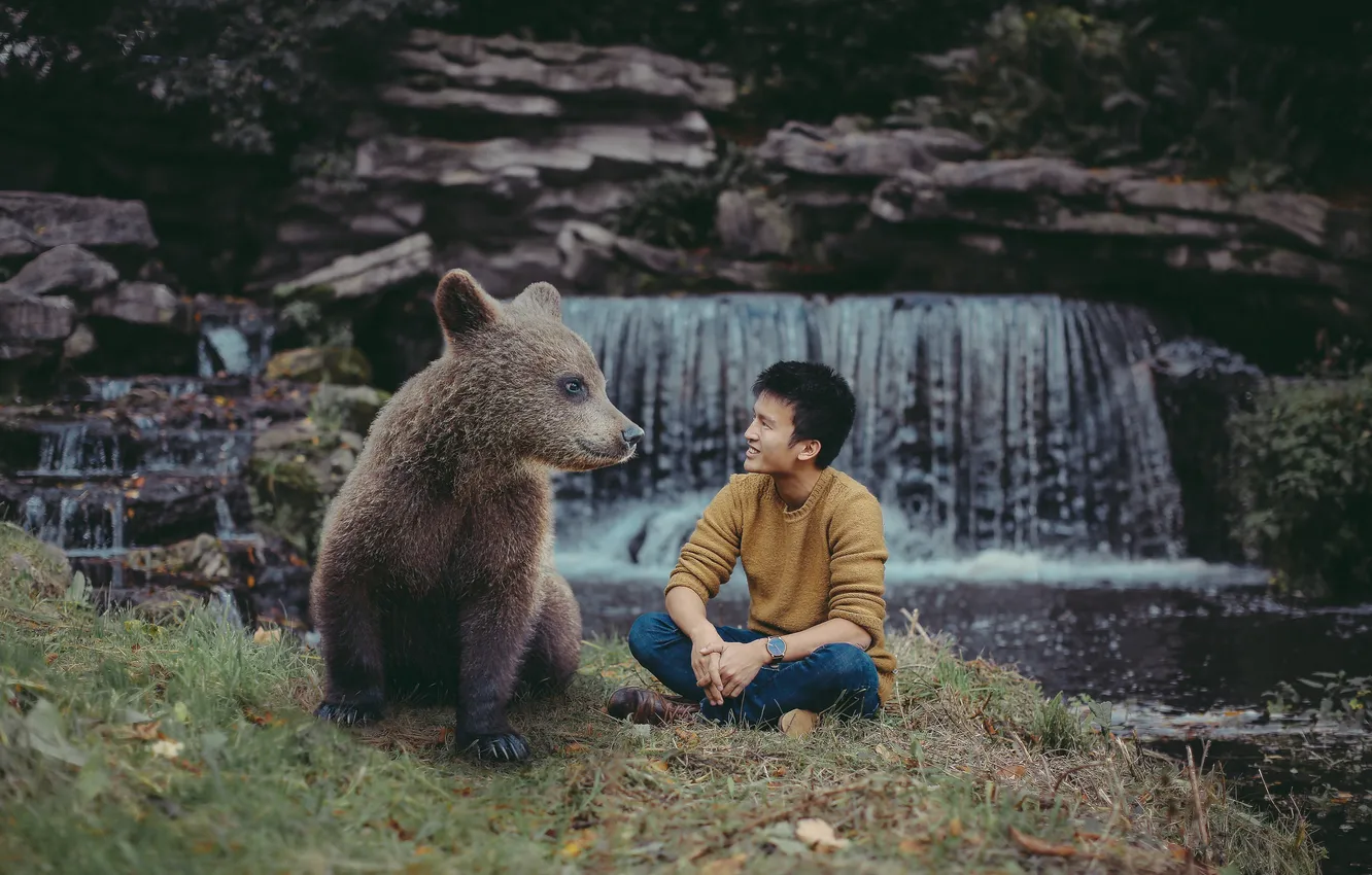 Фото обои ситуация, медведь, парень