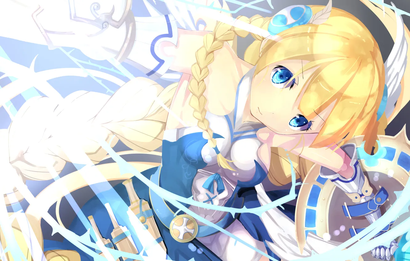 Фото обои Девушка, Взгляд, Щит, Valkyrie, Shizuka (Deatennsi), Украшения для волос, Puzzle &amp; Dragons