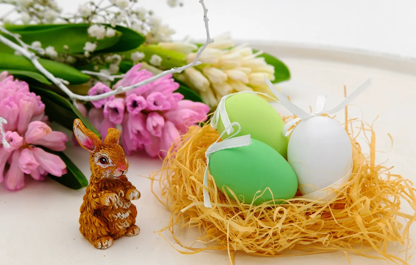 Фото обои цветы, заяц, яйца, Пасха, зайка, Easter