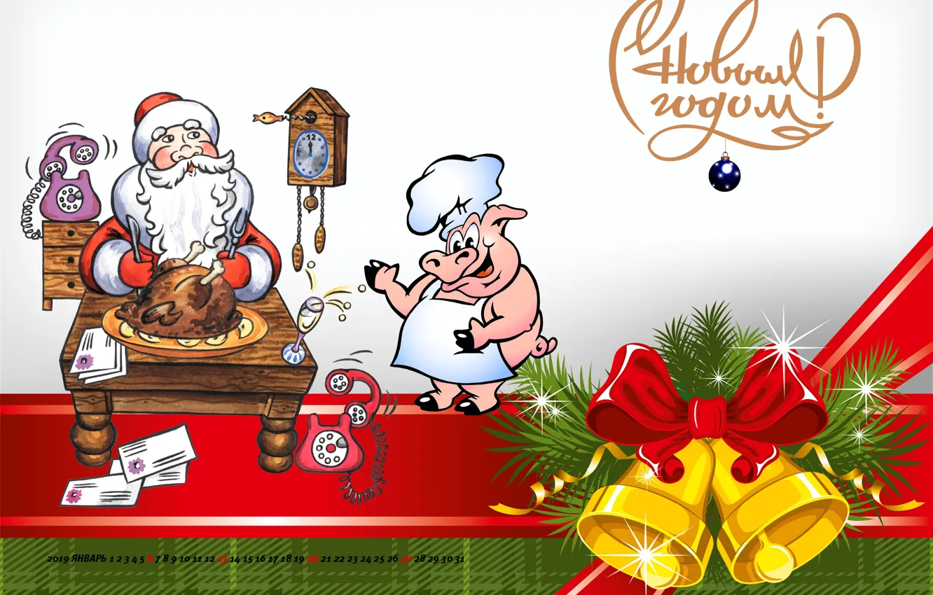 Фото обои часы, свинья, дед Мороз, календарь на 2019 год