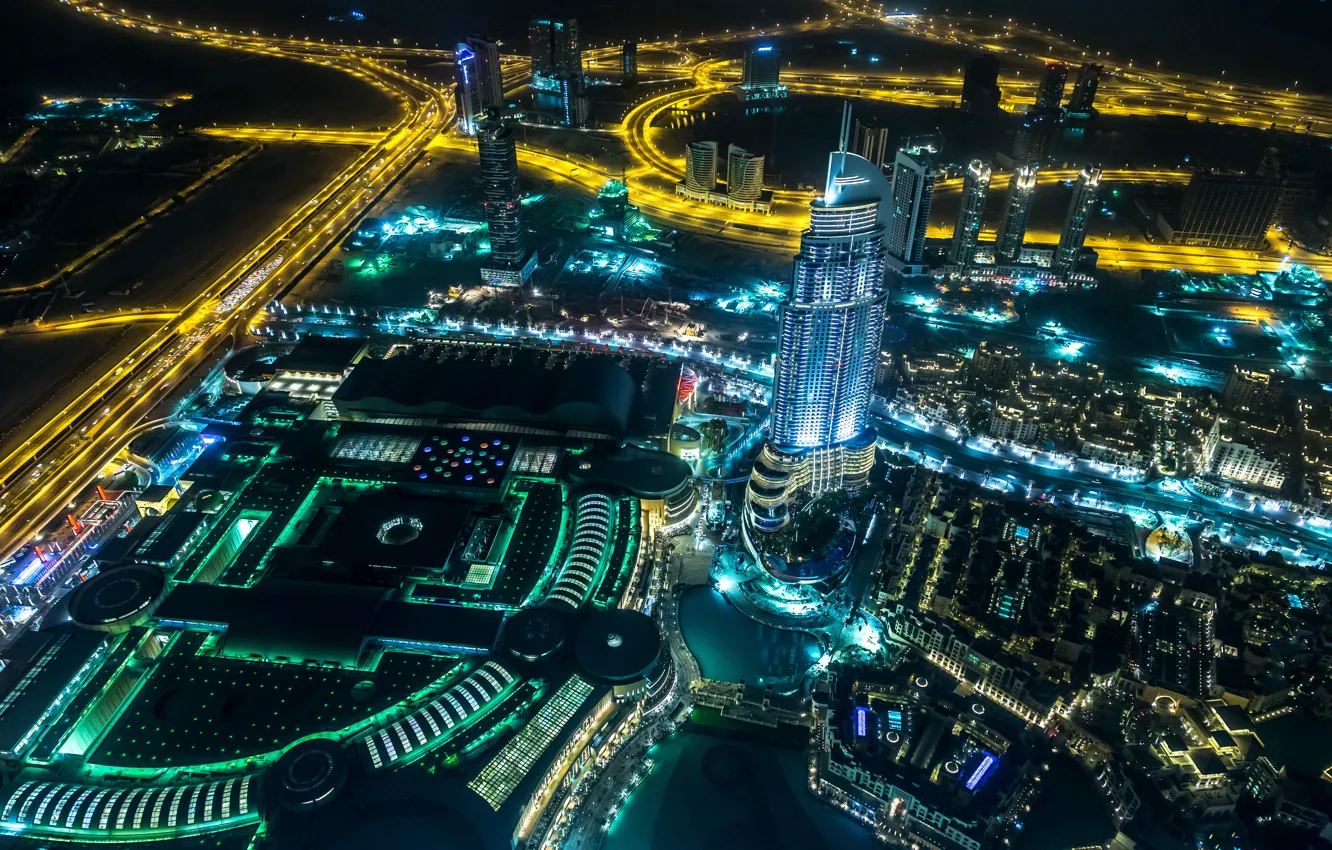 Фото обои ночь, город, фото, дороги, сверху, Dubai, мегаполис, Объединённые Арабские Эмираты