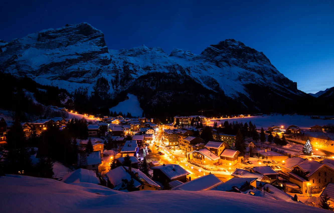 Фото обои зима, свет, снег, горы, ночь, огни, Франция, здания