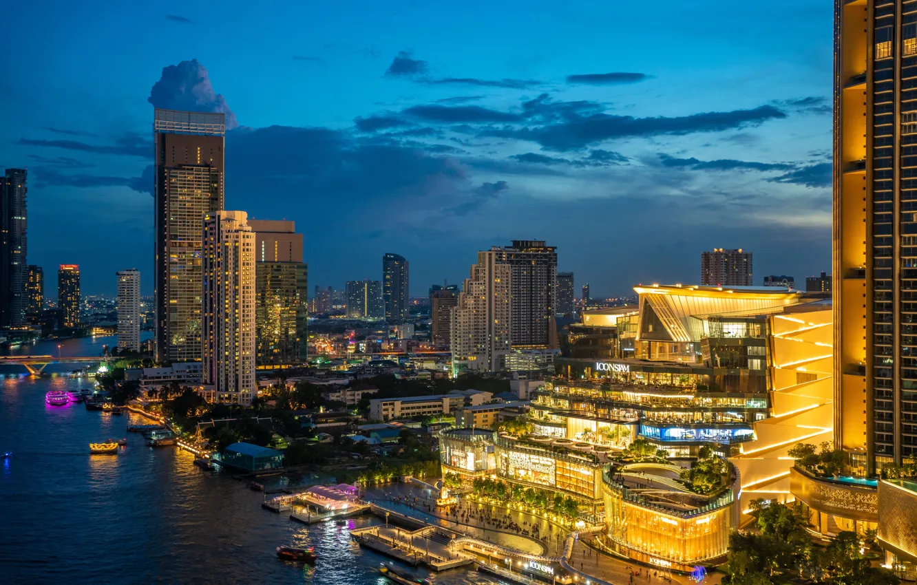 Фото обои река, здания, Тайланд, Бангкок, Thailand, ночной город, небоскрёбы, Bangkok