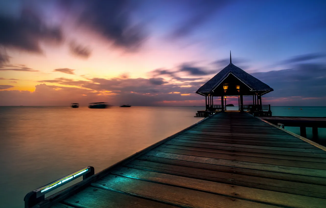 Фото обои море, пейзаж, закат, pier