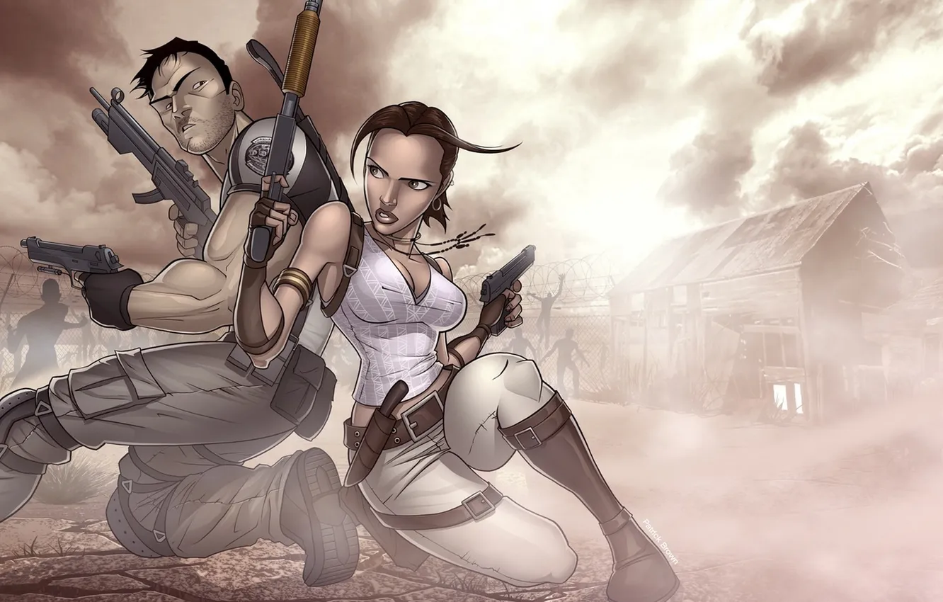 Фото обои art, patrick brown, Chris Redfield, Resident Evil 5, Sheva Alomar, fan