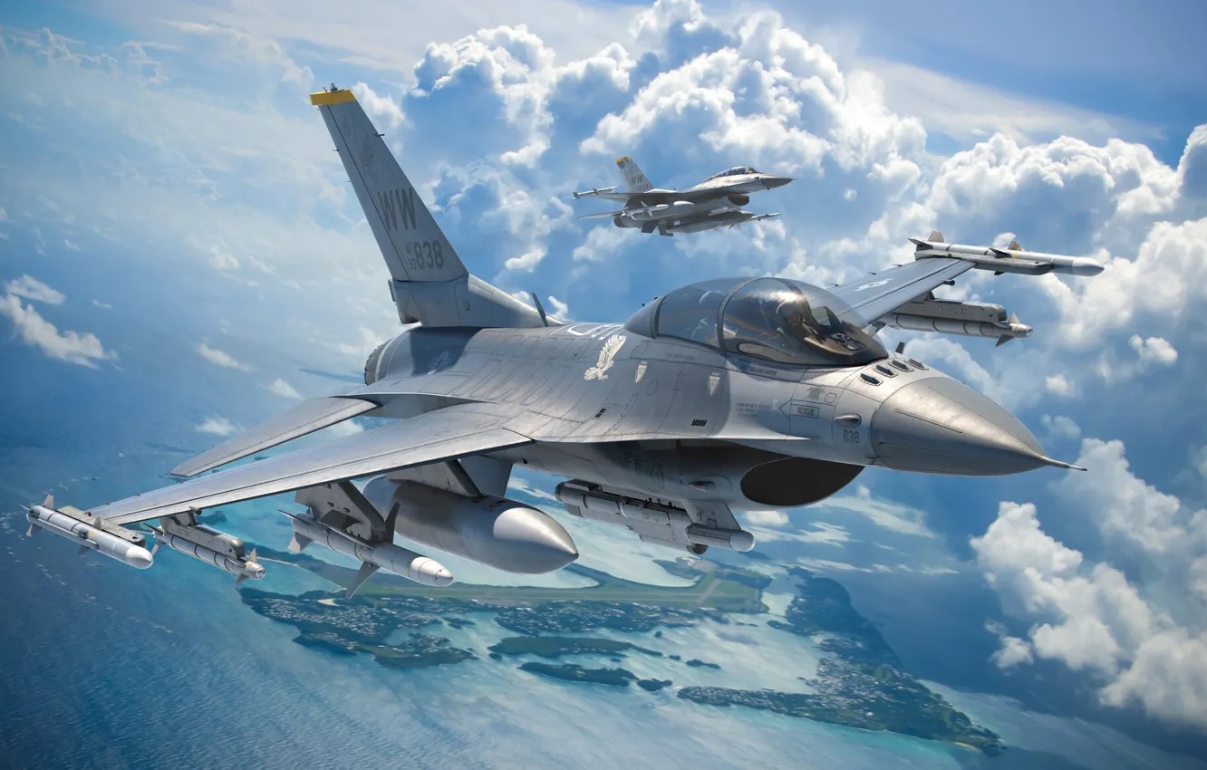 Фото обои Fighting Falcon, многоцелевой, USAF, ВВС США, General Dynamics, истребитель четвёртого поколения, F-16D, американский многофункциональный лёгкий